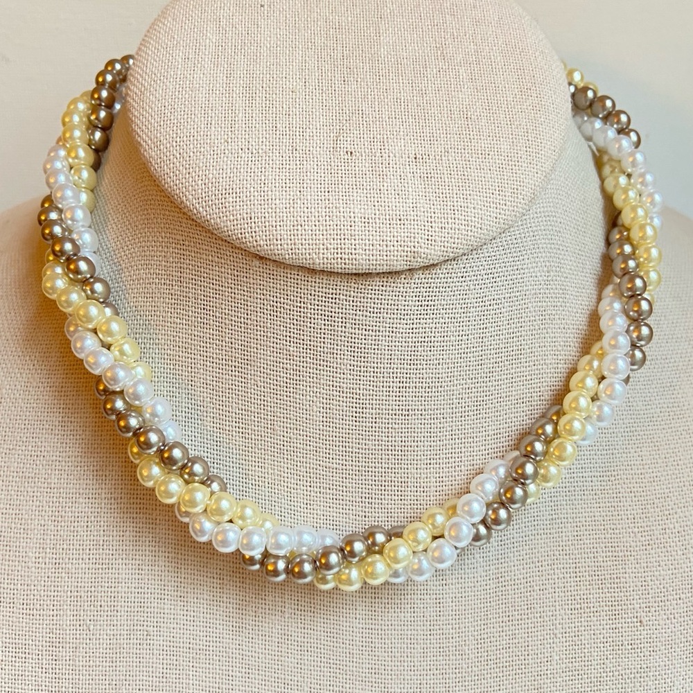 Avon tri color three strand twisted faux pearl necklace with goldtone finials